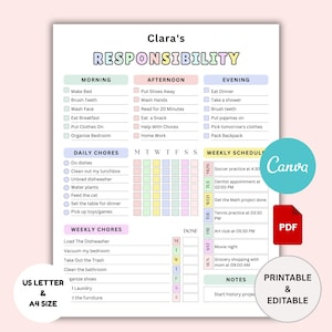 Bearbeitbare Verantwortungstabelle für Kinder | Diagramm zur Verantwortung | Tägliche Wöchentliche Haushaltstabelle für Teenager | Kids Tagesablauf / Wochenplan