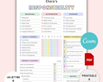 Editable Responsibility Chore Chart for Kids, Printable Daily Weekly Schedule, Teen Chore List Canva PDF
