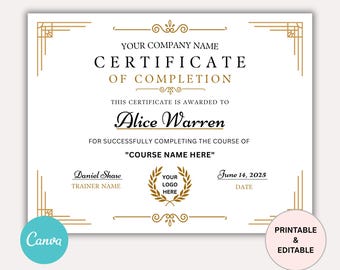 Plantilla de certificado de finalización / Certificado de finalización de curso imprimible / Certificado de premio editable / Plantilla de Canva