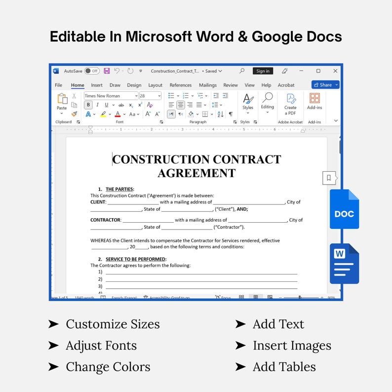 May include: A digital document titled "Construction Contract Agreement" displayed on a computer screen. The document is editable in Microsoft Word and Google Docs. Features include customizable sizes, font adjustments, color changes, text addition, image insertion, and table creation.