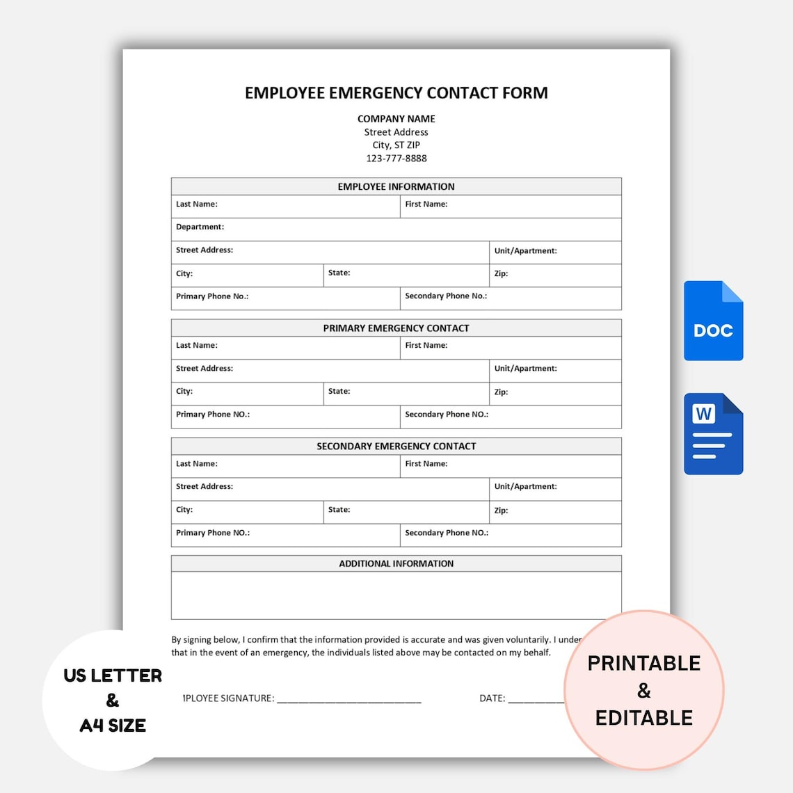 Work Emergency Contact Form.pdf Employee Emergency Contact Form: Printable New Hire Template (word ...