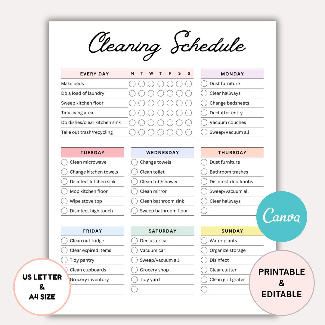 Editable Cleaning Schedule Canva Template: Weekly Chore Chart (digital ...