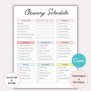 May include: A printable and editable cleaning schedule with a pastel color scheme. The schedule includes daily, weekly, and monthly tasks. The text "Cleaning Schedule" is at the top. The document is available in US Letter and A4 sizes.