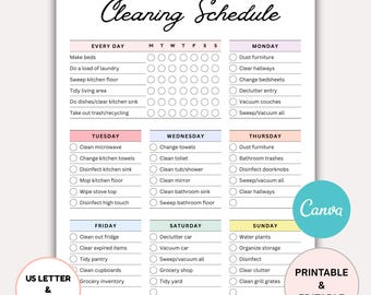 Editable Cleaning Schedule Canva Template: Weekly Chore Chart (Digital Download, US Letter/A4 Sizes)