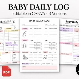May include: Three printable Baby Daily Log templates with black text on white paper. Each sheet features sections for feedings, diapers, sleep, medications, and mood, with icons for bottles, diapers, and moons. Includes Canva and PDF logos.