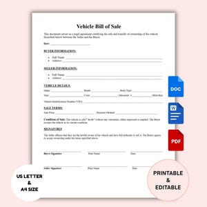 Vehicle Bill of Sale Template Printable | Editable Blank Auto Bill of Sale | Motor Vehicle Bill of Sale Form | Editable Google Doc, Word PDF