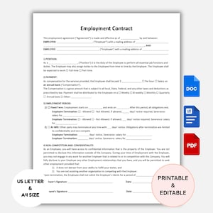 Employment Contract Agreement Template Printable | Employment Service Contract Template | HR Employer Employee Form Template Editable Word