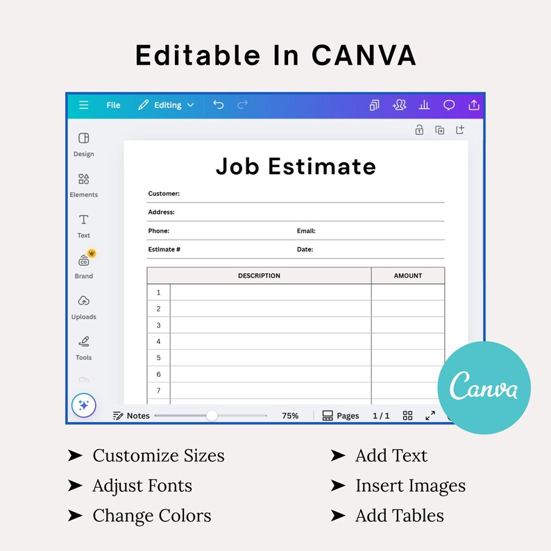Job Estimate Template, Work Estimate Template, Editable Job Estimate ...