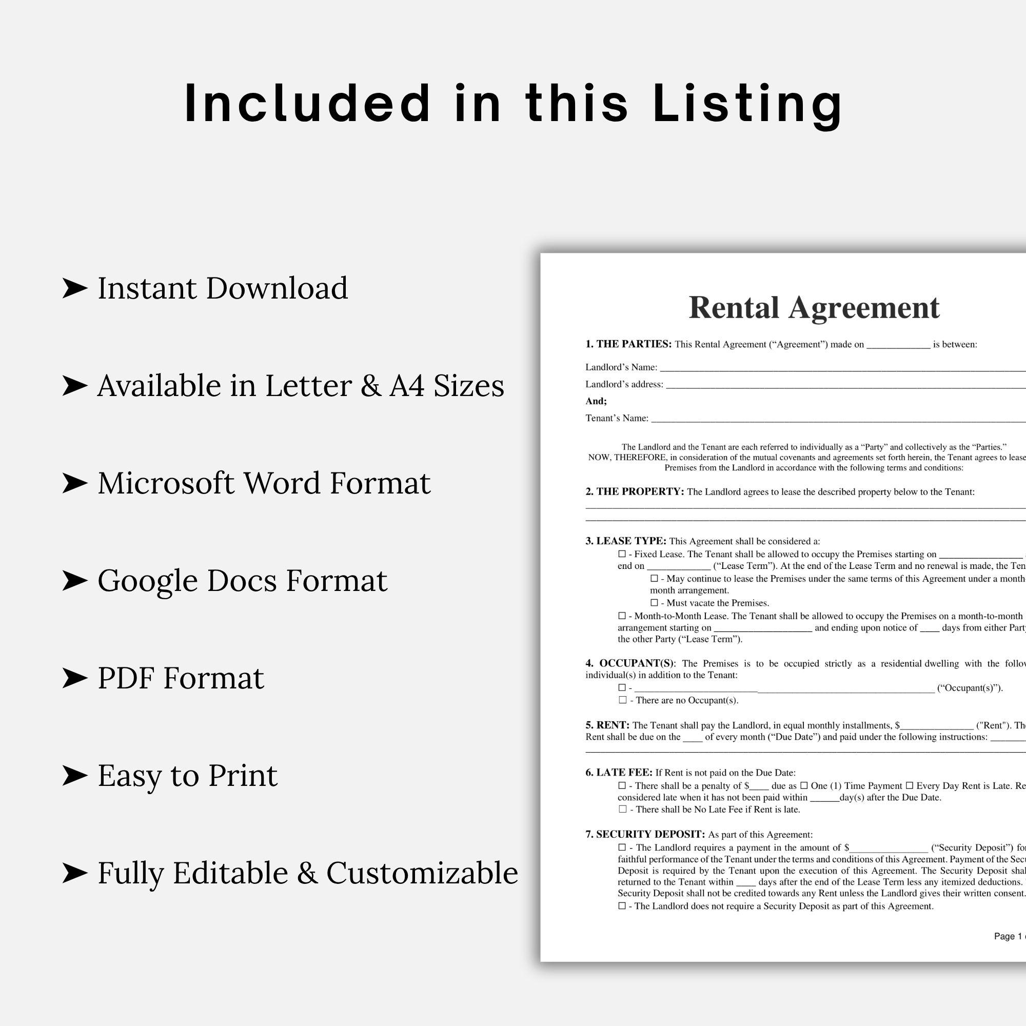 Editable Rental Agreement Template, Printable Lease Contract, Lease ...