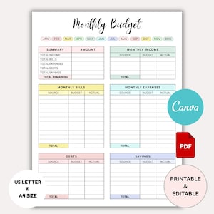 Monthly Budget Planner Template Printable PDF | Spending Tracker | Budgeting Template | Money Tracker | Budgeting Worksheet | Budget Journal