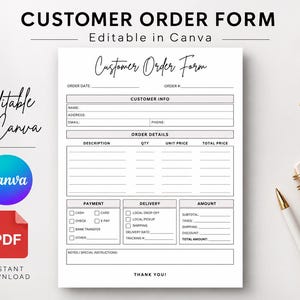 Puede incluir: Un formulario de pedido de cliente blanco con texto y líneas negras. El documento incluye secciones para información del cliente, detalles del pedido, métodos de pago, opciones de entrega y cálculos de montos. El texto dice Customer Order Form, Editable in Canva y Thank You.