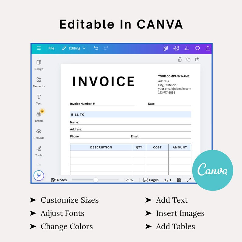 Invoice Template Editable, Printable Invoice Template, Professional ...