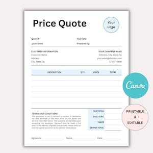 Editable Quote Template, Quote Form, Small Business Invoice Order Form, Price Quotation Template, Job Estimate Form, Job Proposal Template