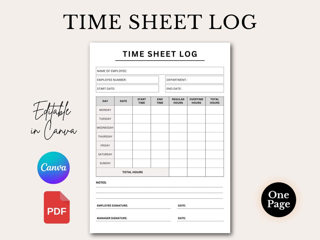 Time Sheet Log Template Editable, Weekly Work Hours Log, Printable Time ...