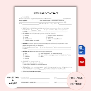 Peut inclure: Un modèle de contrat d'entretien de pelouse imprimable et modifiable, disponible aux formats US Letter et A4. Le document comprend des sections pour les parties, la durée, le service, le paiement, la méthode de paiement, l'horaire, la résiliation et les conditions supplémentaires.