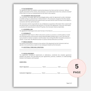 May include: A document page with text detailing legal terms, including sections on partnership, assignment, governing law, and severability. The document is labeled "Page 5" with a circular design in the lower right corner.