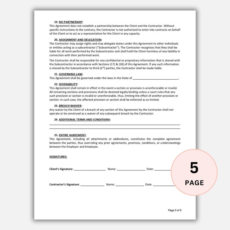 May include: A document page with text detailing legal terms, including sections on partnership, assignment, governing law, and severability. The document is labeled "Page 5" with a circular design in the lower right corner.