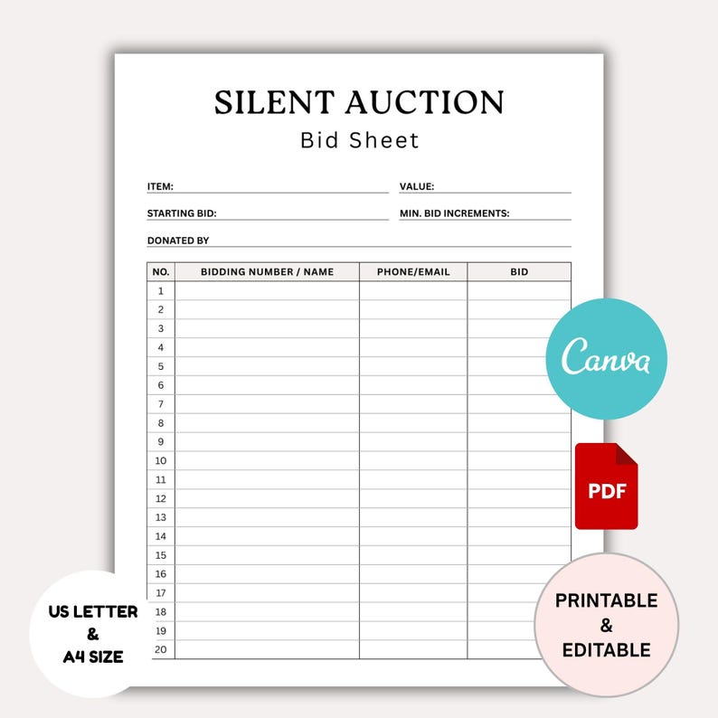 Editable Silent Auction Bid Sheet Template, Printable Fundraiser ...
