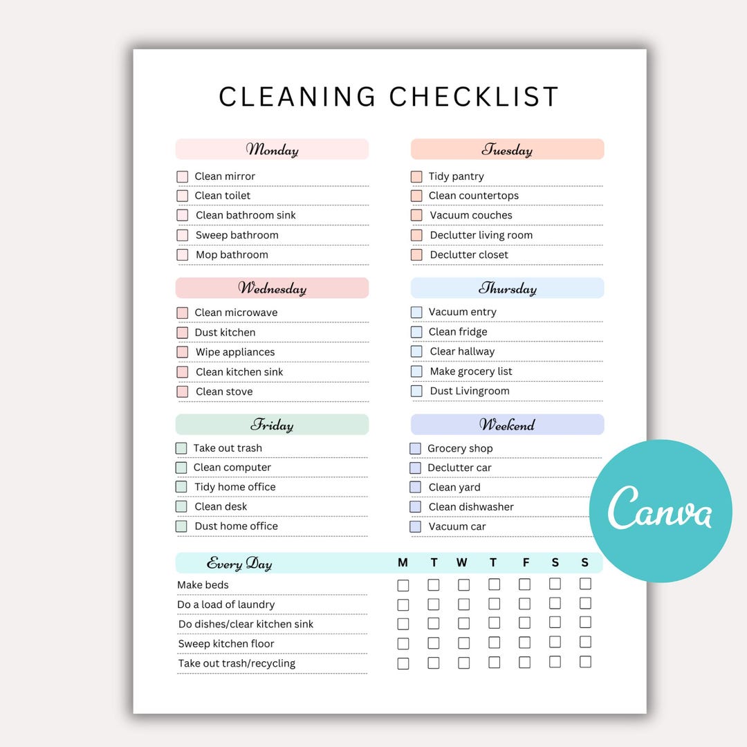 Cleaning Task Chart House Cleaning Schedule Printable, Editable Chore Chart & Task ...