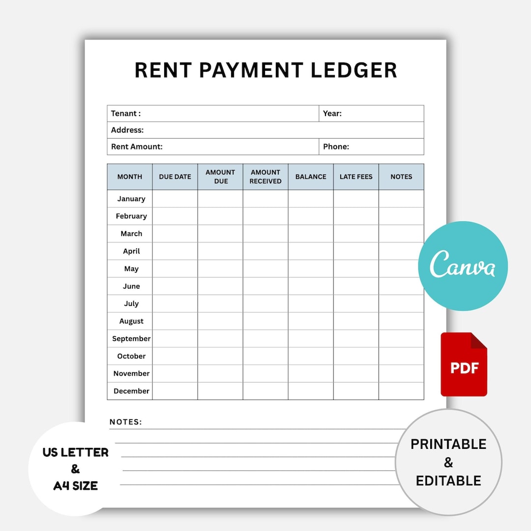 Monthly Rent Payment Ledger Template Landlord Rental by Month, Rent ...