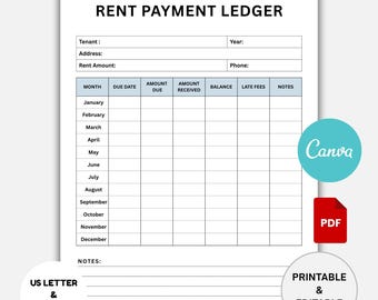 Monthly Rent Payment Ledger Template, Landlord Rental Payment Tracker, Printable Rent Log, Tenant Payment Record, PDF Download for Landlords