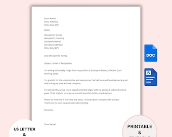 Editable Resignation Letter Template: Google Docs & MS Word (Digital Download)
