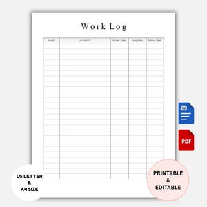Work Log Printable: Time Tracker, Activity Hours (PDF & Word Download)
