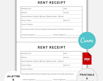 May include: Two white "Rent Receipt" forms with fillable fields. The forms include sections for tenant and landlord information, payment details, and confirmation statements. The image also includes Canva and PDF logos.