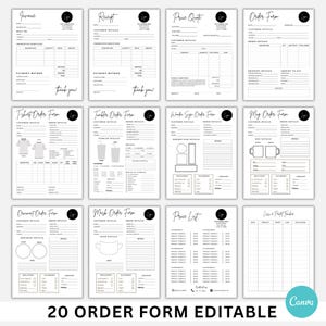 以下が含まれることがあります： 白黒の20種類の編集可能な注文フォームのコレクション。 フォームには、請求書、領収書、見積もり、およびさまざまな製品の注文フォームが含まれています。 フォームは、クリーンでミニマリストなデザインです。