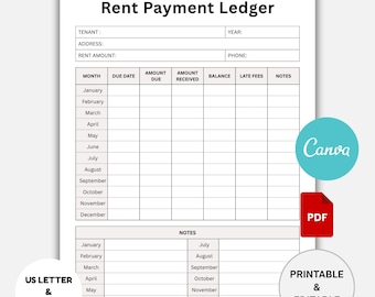 Printable Monthly Rent Payment Ledger: Landlord Rental Income Log (PDF, Canva Template)