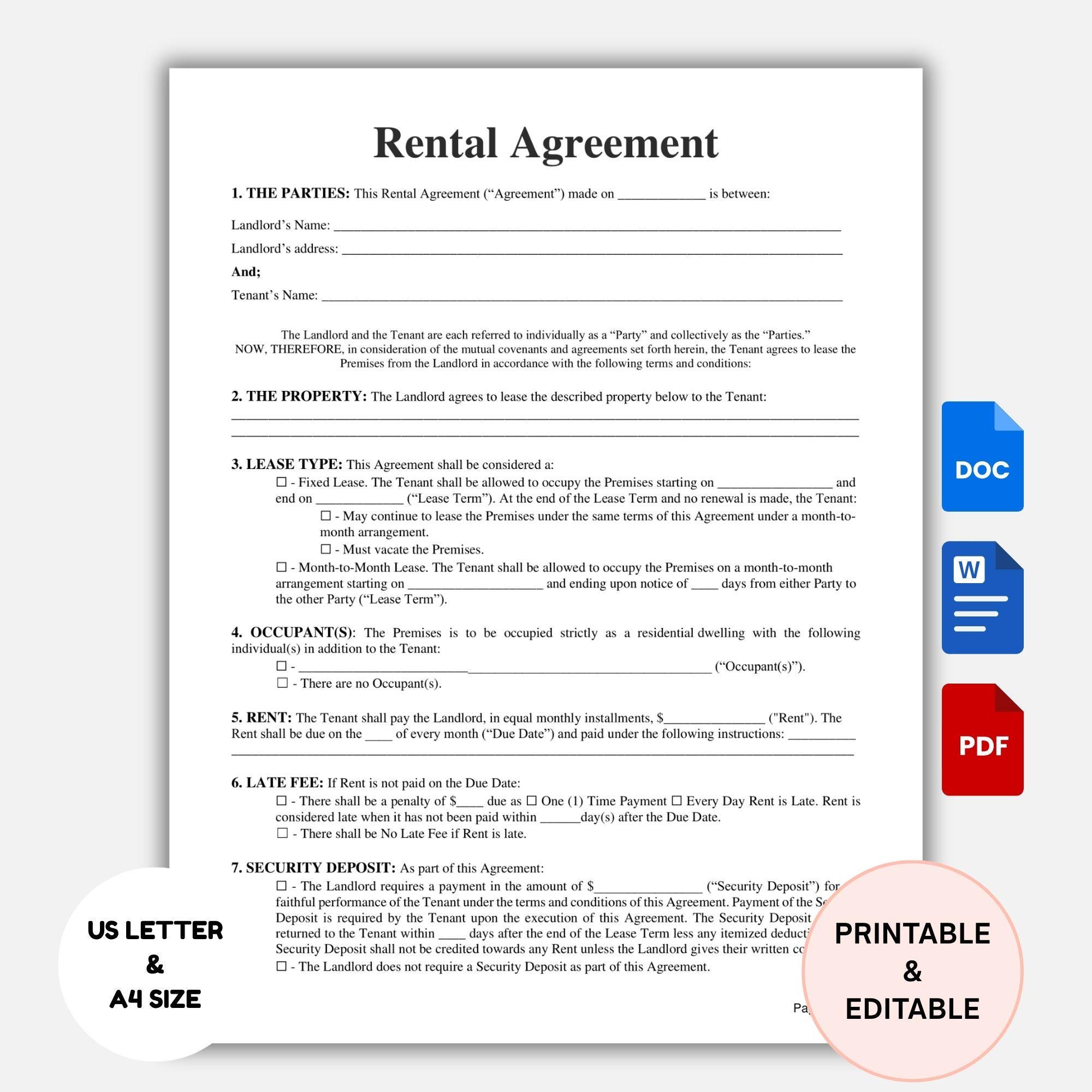 Rental Agreement Template: Editable Lease Contract for Landlords (Word, PDF, Google Docs)