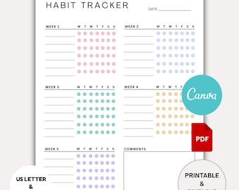 Habit Tracker Template. Daily Habit Planner. Goal Tracker. Weekly Habit Goal Planner. Monthly Habit Routine. Printable. Editable. Canva. PDF