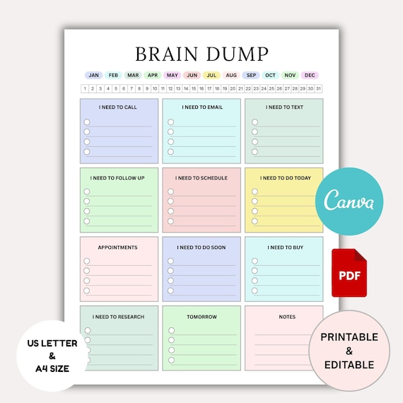 Editable ADHD Brain Dump Printable: Daily Planner, To-Do List (US Letter & A4 Digital Download)