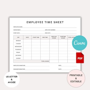 Weekly Employee Time Sheet Log Printable | Small Business Timecard Sheet |  Employee Timesheet | Timekeeping Sheet | Employee Work Hours Log