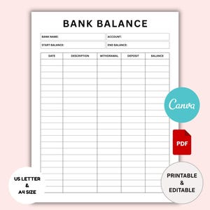 Puede incluir: Una hoja de balance bancario imprimible en blanco con el título "BANK BALANCE" en la parte superior. La hoja incluye campos para el nombre del banco, la cuenta, el saldo inicial y final, la fecha, la descripción, el retiro, el depósito y el saldo.