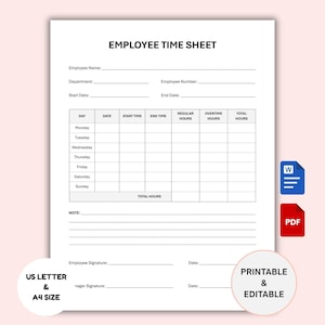 Employee Time Sheet Log Printable | Small Business Timecard Sheet | Weekly Employee Timesheet Log | Timekeeping Sheet | Work Hours Log PDF