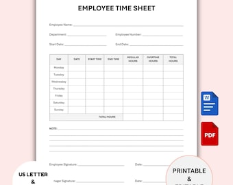 Könnte beinhalten: Ein weißes Arbeitszeitblatt mit der Überschrift "EMPLOYEE TIME SHEET". Es enthält Felder für Mitarbeiterinformationen und eine Tabelle zur Erfassung der Arbeitsstunden. Das Blatt ist mit "US LETTER & A4 SIZE" und "PRINTABLE & EDITABLE" gekennzeichnet.
