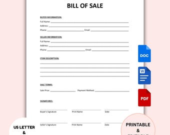 Printable Bill of Sale Template  | Bill of Sale Form | Editable Sale Receipt | Bill of Sale Contract | Google Doc, Word PDF Instant download