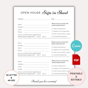 Open House Sign In Sheet Editable Canva Template | Open House | Sign In Sheet | Welcome Sign | Real Estate Marketing | Real Estate Agent PDF