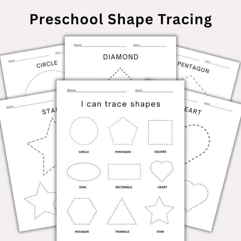 May include: White paper sheets with shape tracing exercises for preschoolers. The sheets feature shapes like circles, squares, and stars, with dotted lines for tracing. The text "Preschool Shape Tracing" is at the top.