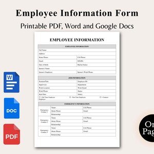 May include: Employee Information Form, a printable PDF, Word, and Google Docs template. The form includes sections for employee information, job details, and emergency contacts. Icons for Word, DOC, and PDF are visible.