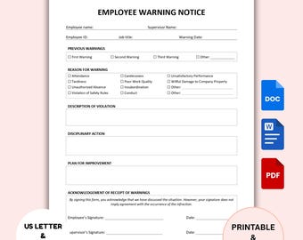 Employee Warning Notice Template (PDF, Word, Google Docs), HR Employee Discipline Forms