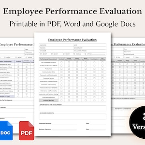 Könnte beinhalten: Drei Formulare zur Mitarbeiterleistungsbeurteilung. Die Formulare tragen die Bezeichnung "Employee Performance Evaluation" und sind als PDF, Word und Google Docs druckbar. Word-, DOC- und PDF-Symbole sind ebenfalls abgebildet.