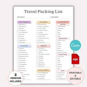 Travel Packing List: Vacation Planner Checklist (Printable PDF & Canva Template)