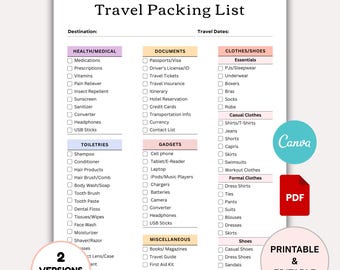 Lista di cose da mettere in valigia per il viaggio, compatibile con Goodnotes, Notability, stampabile, lista di controllo per pianificatore di vacanze, PDF, modello Canva
