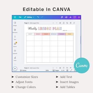 May include: A digital weekly lesson plan template, editable in Canva. The design features a grid for subjects and days, with the text "Weekly Lesson Plan." Additional options include customizing sizes, adjusting fonts, and adding text, images, and tables.