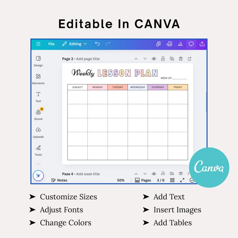 May include: A digital weekly lesson plan template, editable in Canva. The design features a grid for subjects and days, with the text "Weekly Lesson Plan." Additional options include customizing sizes, adjusting fonts, and adding text, images, and tables.