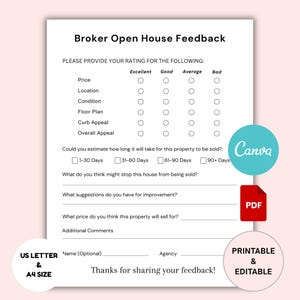 Real Estate Open House Feedback Form: Realtor Questionnaire (Canva Template & PDF)