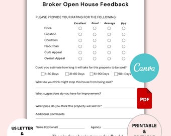 Open House Feedback Form, Editable Template, Real Estate Marketing, real estate open house, Realtor Open House Flyers, buyer feedback, Canva