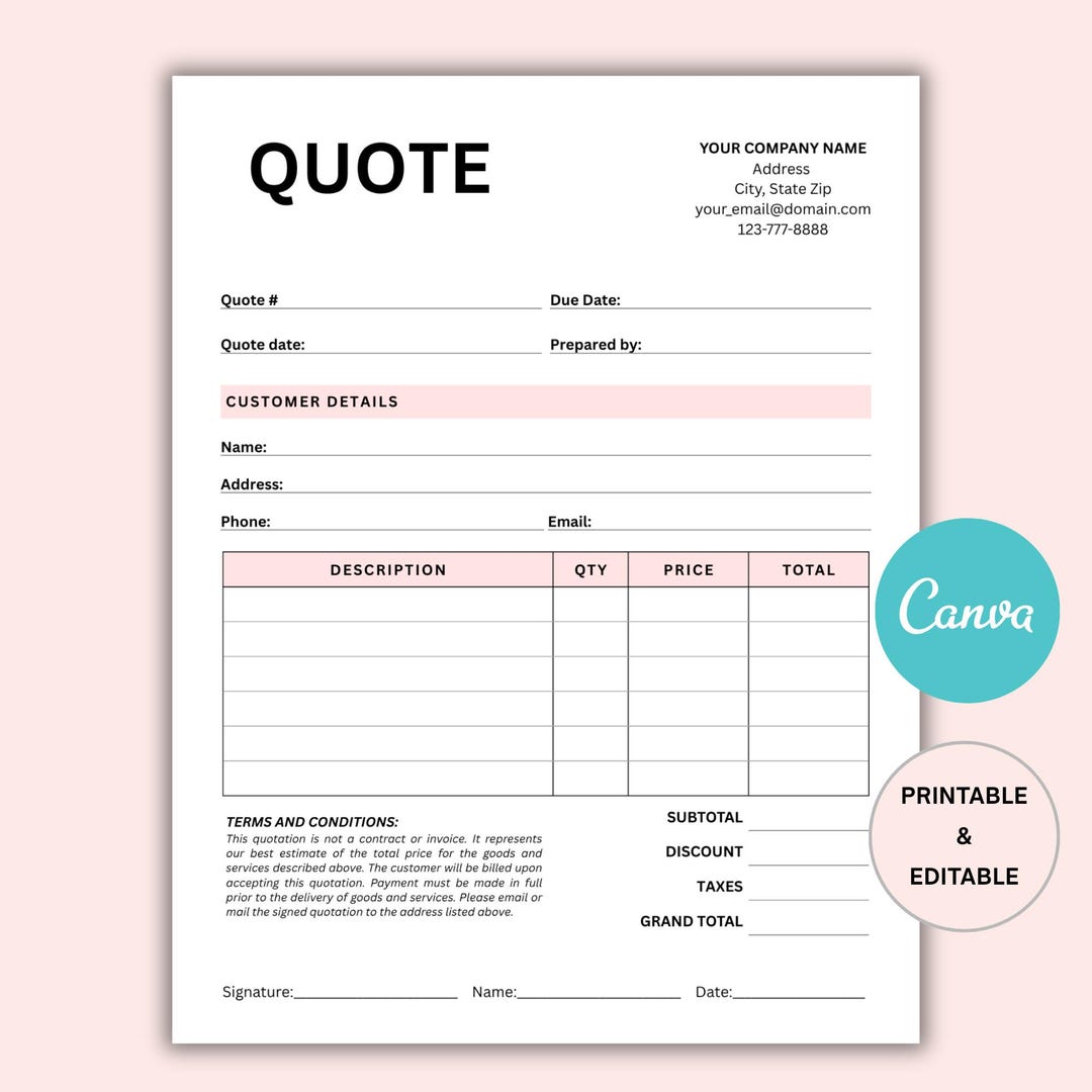 Editable Price Quote Template: Small Business Job Estimate (canva, US ...